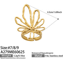 Close Up Textured Hollow Flower 18K PVD Gold Open Ring, Tarnish Resistant 316L Stainless Steel Floral Jewelry For Women