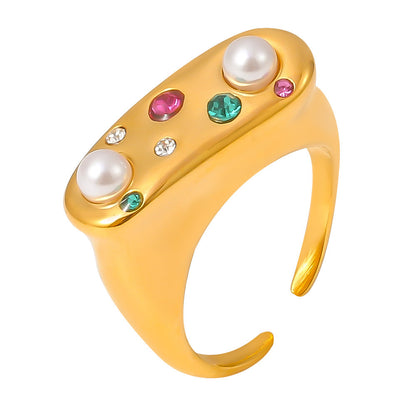 A310 gold pearl rhinestone adjustable open ring with imitation pearl beads and colorful rhinestones on white background