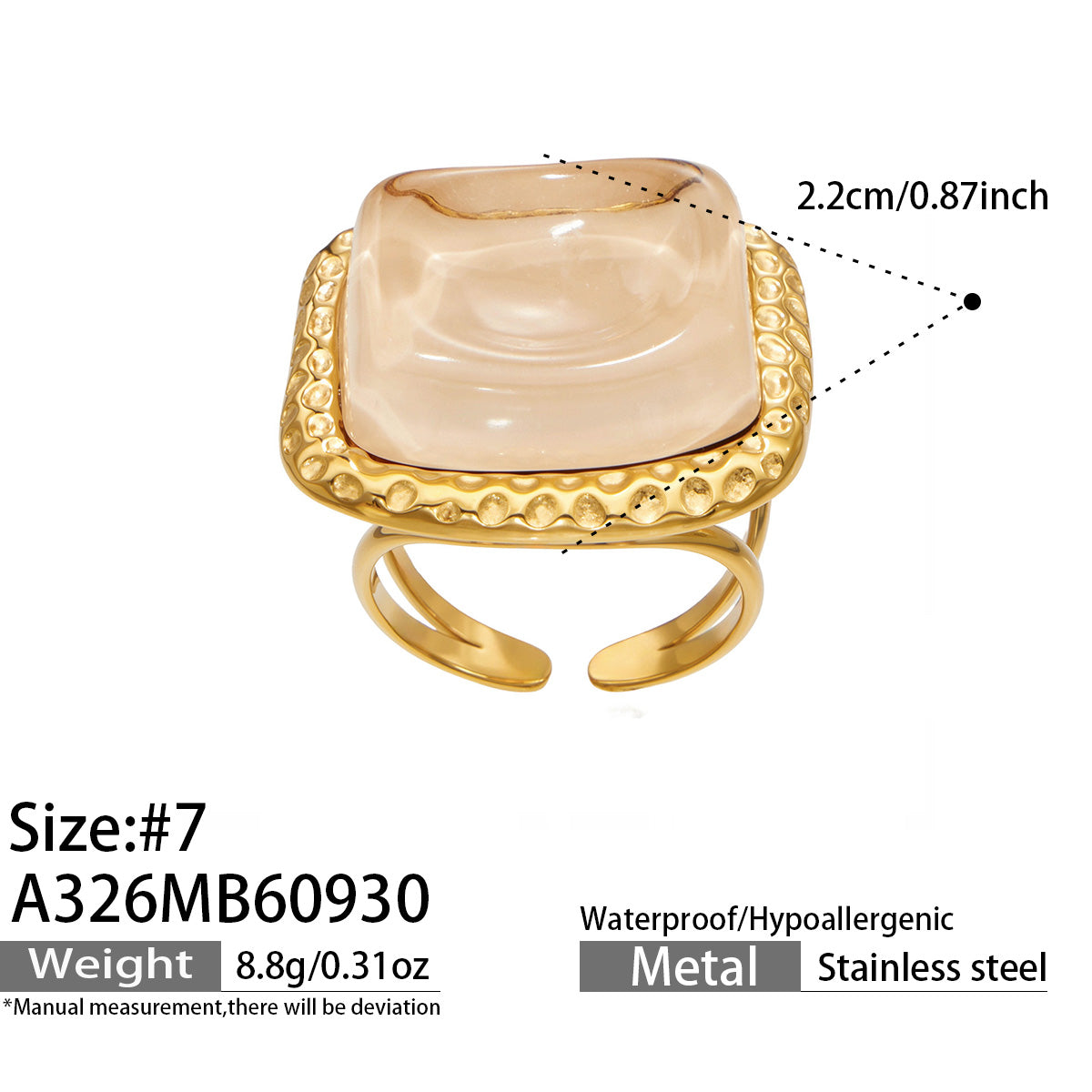 A326 champagne resin statement ring size 7 and product dimensions