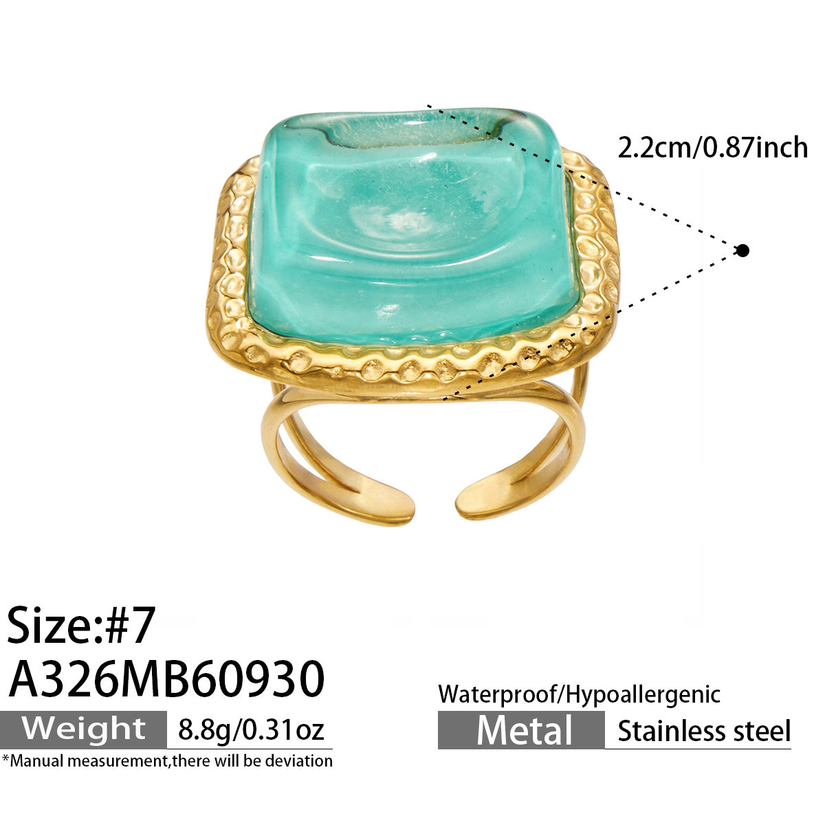 A326 green resin statement ring size 7 and product dimensions