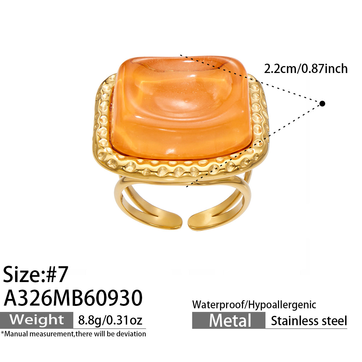 A326 orange resin statement ring size 7 and product dimensions
