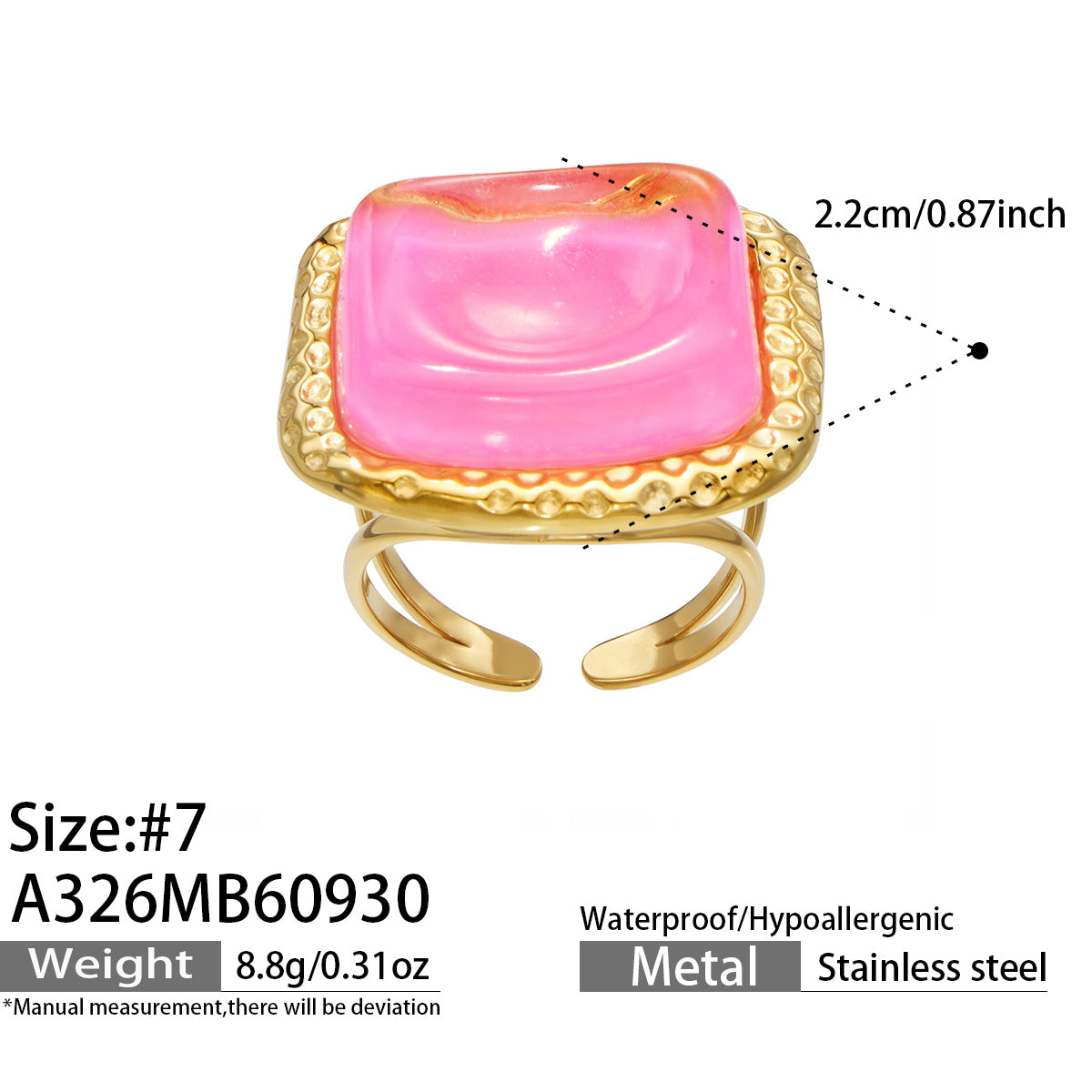 A326 pink resin statement ring size 7 and product dimensions