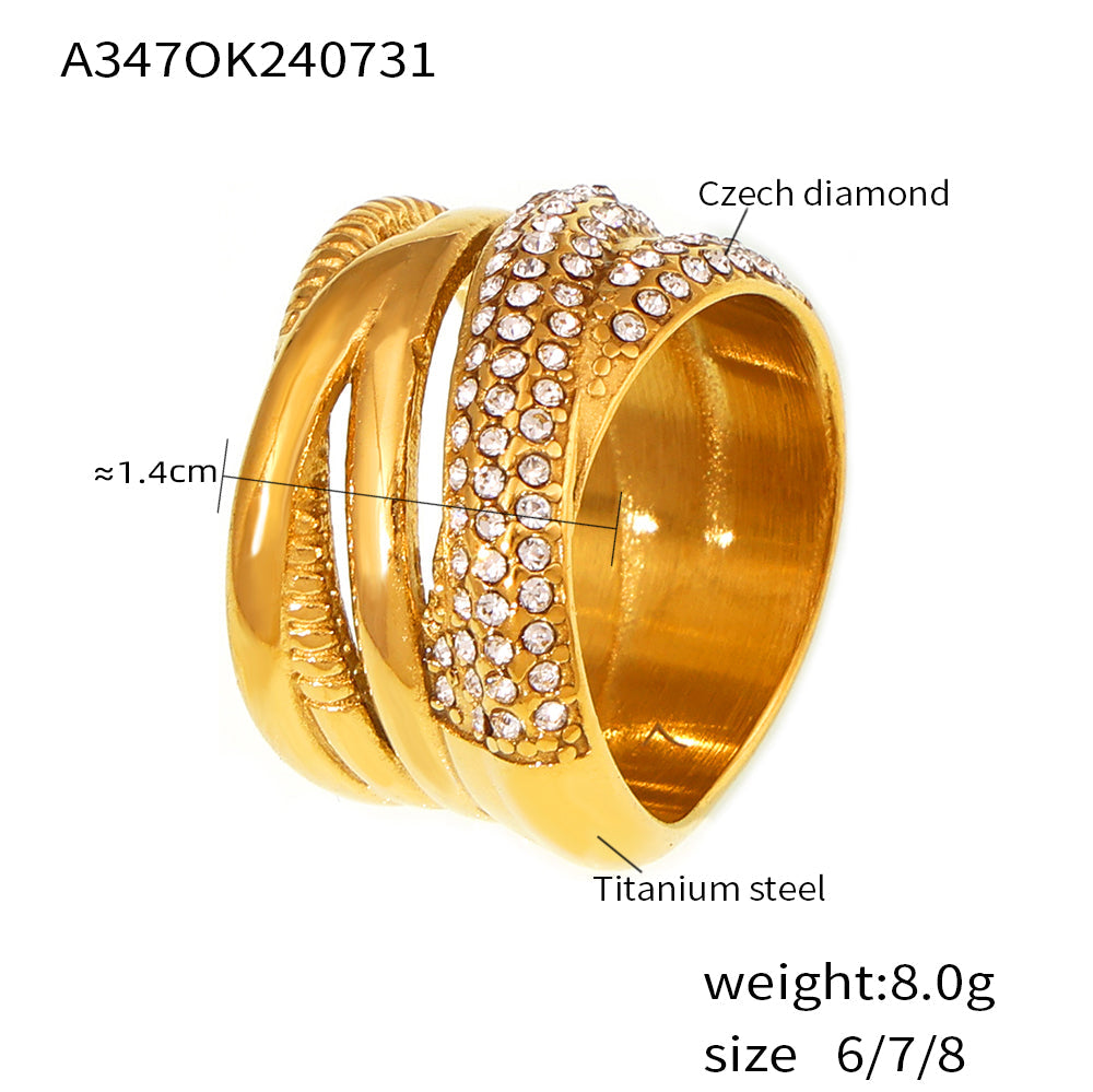 A347 gold multi-row cubic zirconia statement ring size and product detail guide