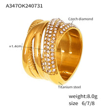 A347 gold multi-row cubic zirconia statement ring size and product detail guide