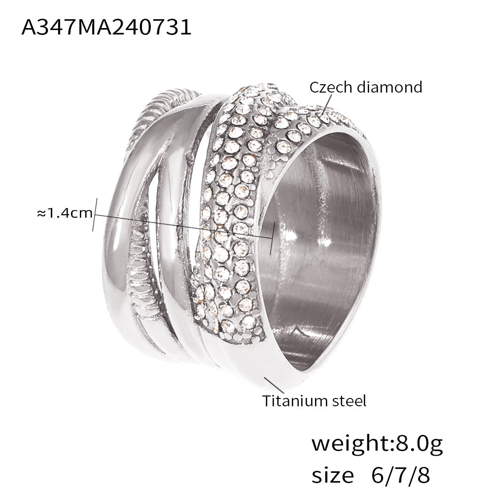 A347 polished steel multi-row cubic zirconia statement ring size and product detail guide
