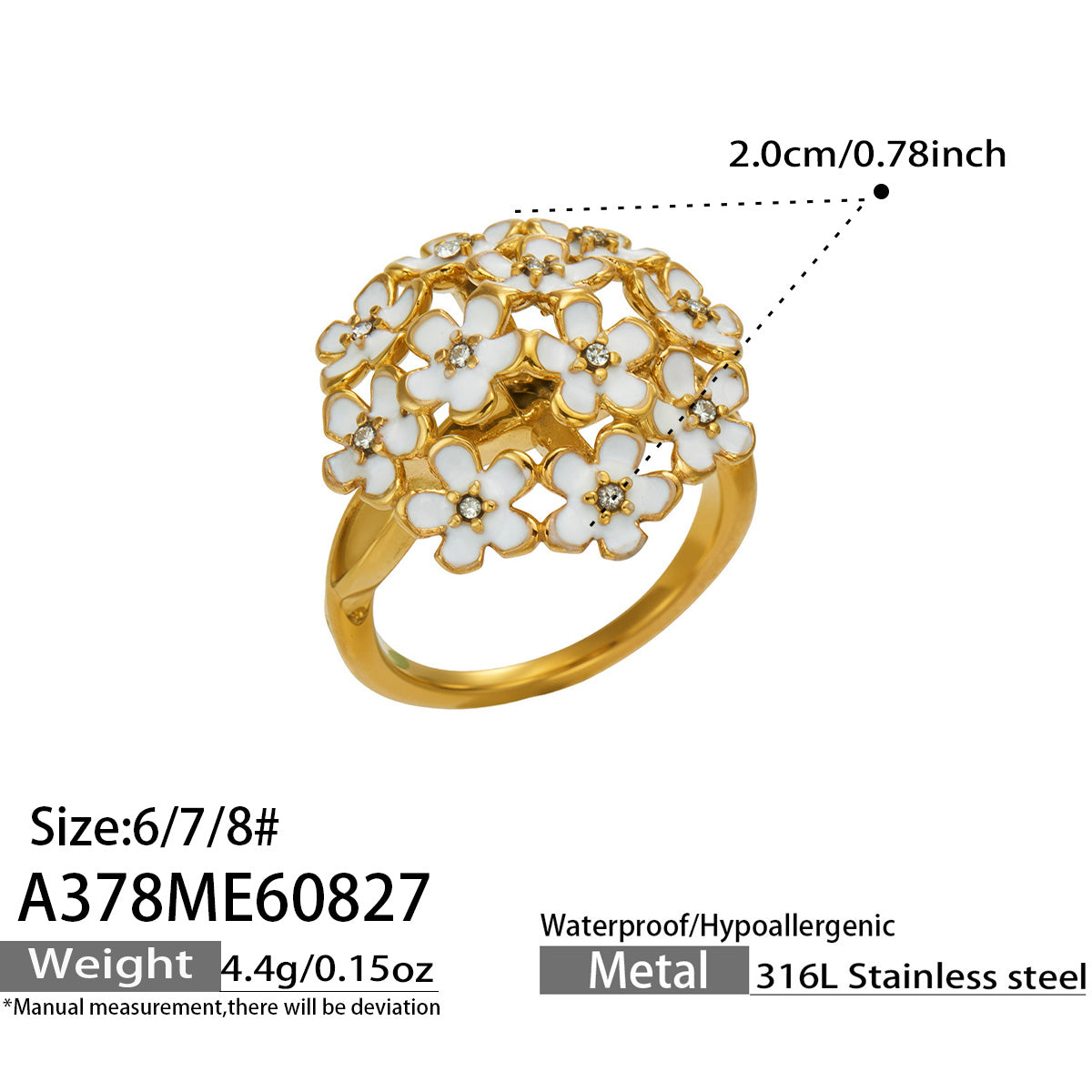A378 floral enamel gold ring size and measurement details in 316L stainless steel