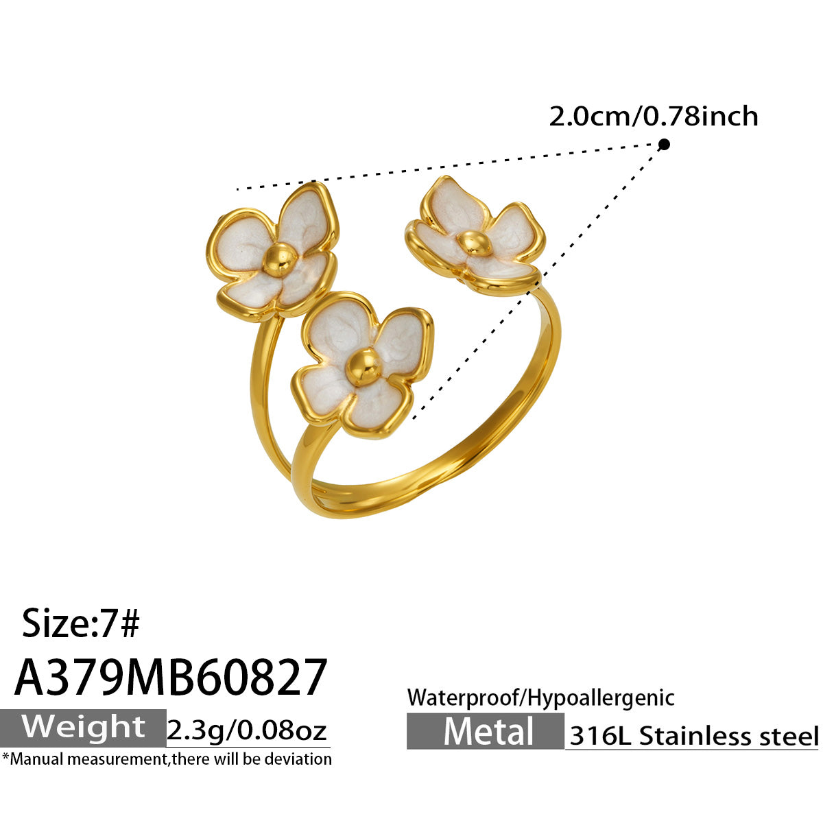 A379 enamel floral gold open ring size and product details in 316L stainless steel