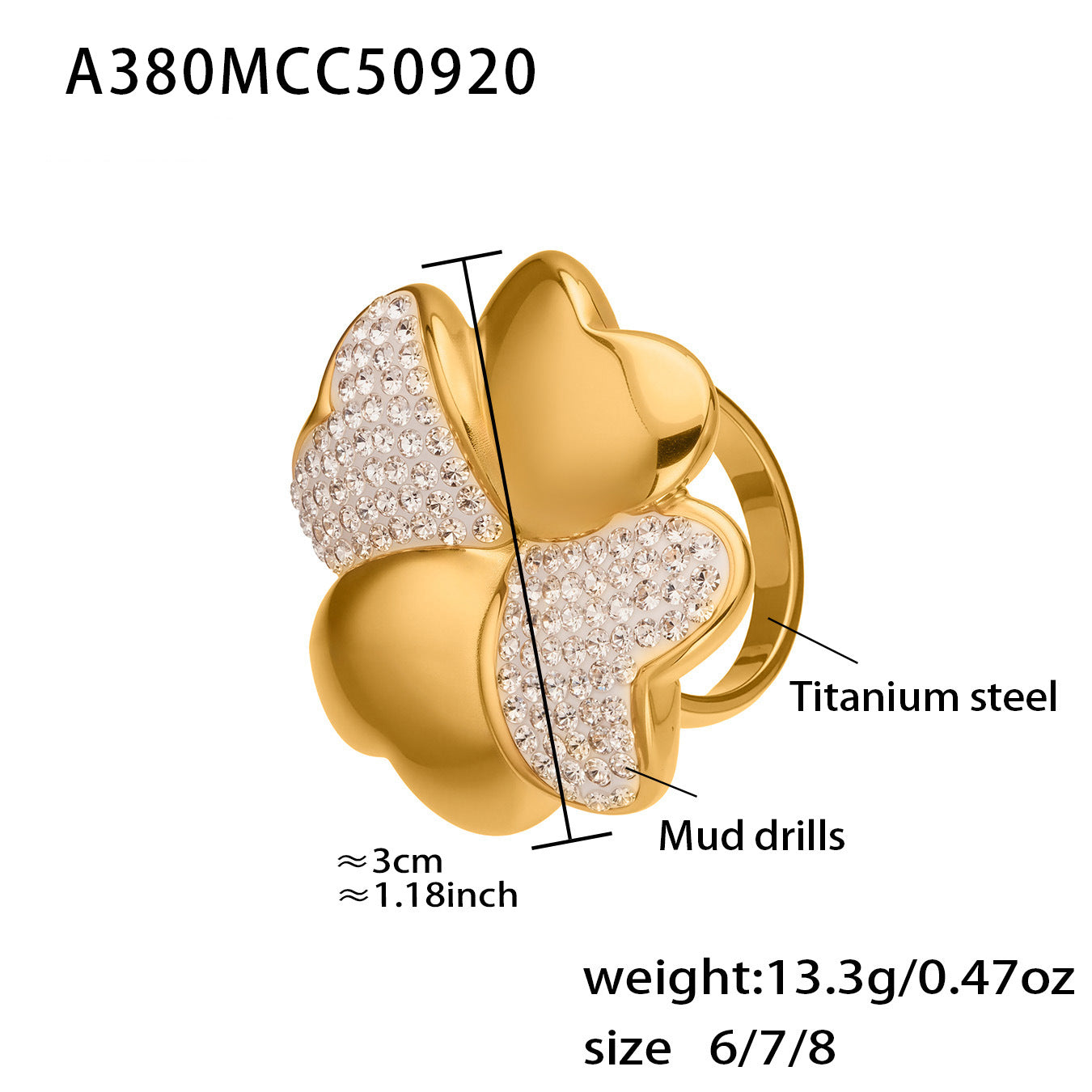 A380 gold four-leaf clover pavé statement ring size and product detail guide