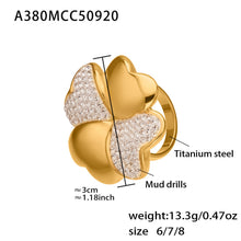 A380 gold four-leaf clover pavé statement ring size and product detail guide