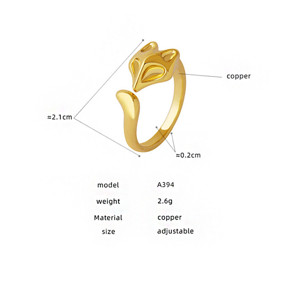 A394 gold plated copper fox ring size card showing adjustable open ring design, 2.6g weight and fox animal pattern