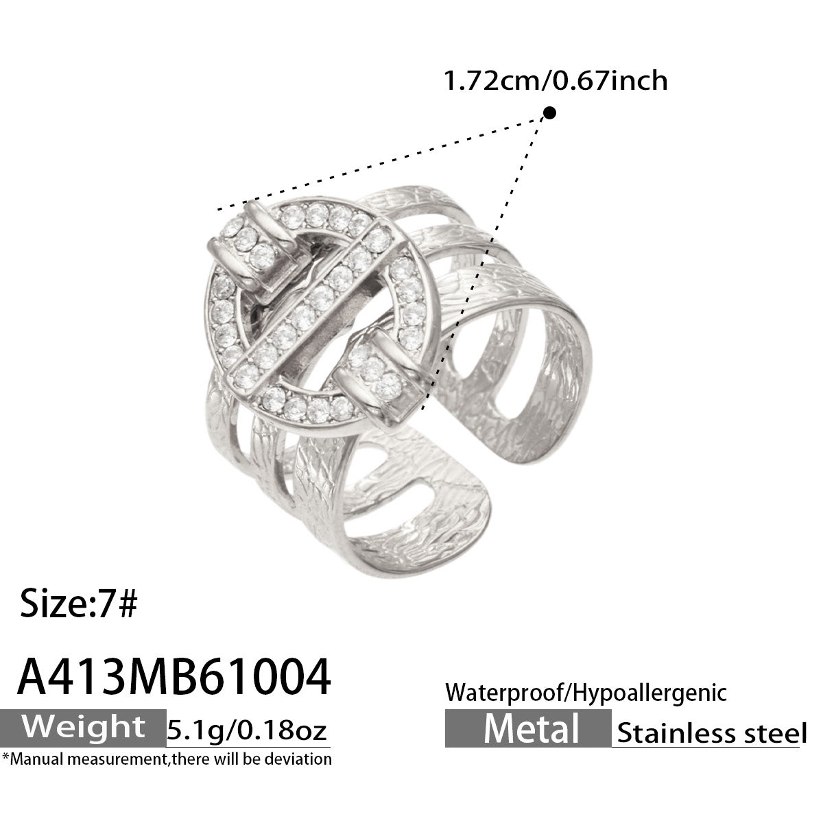 A413 silver-tone stainless steel geometric ring with a dimension diagram, size 7 and product specifications