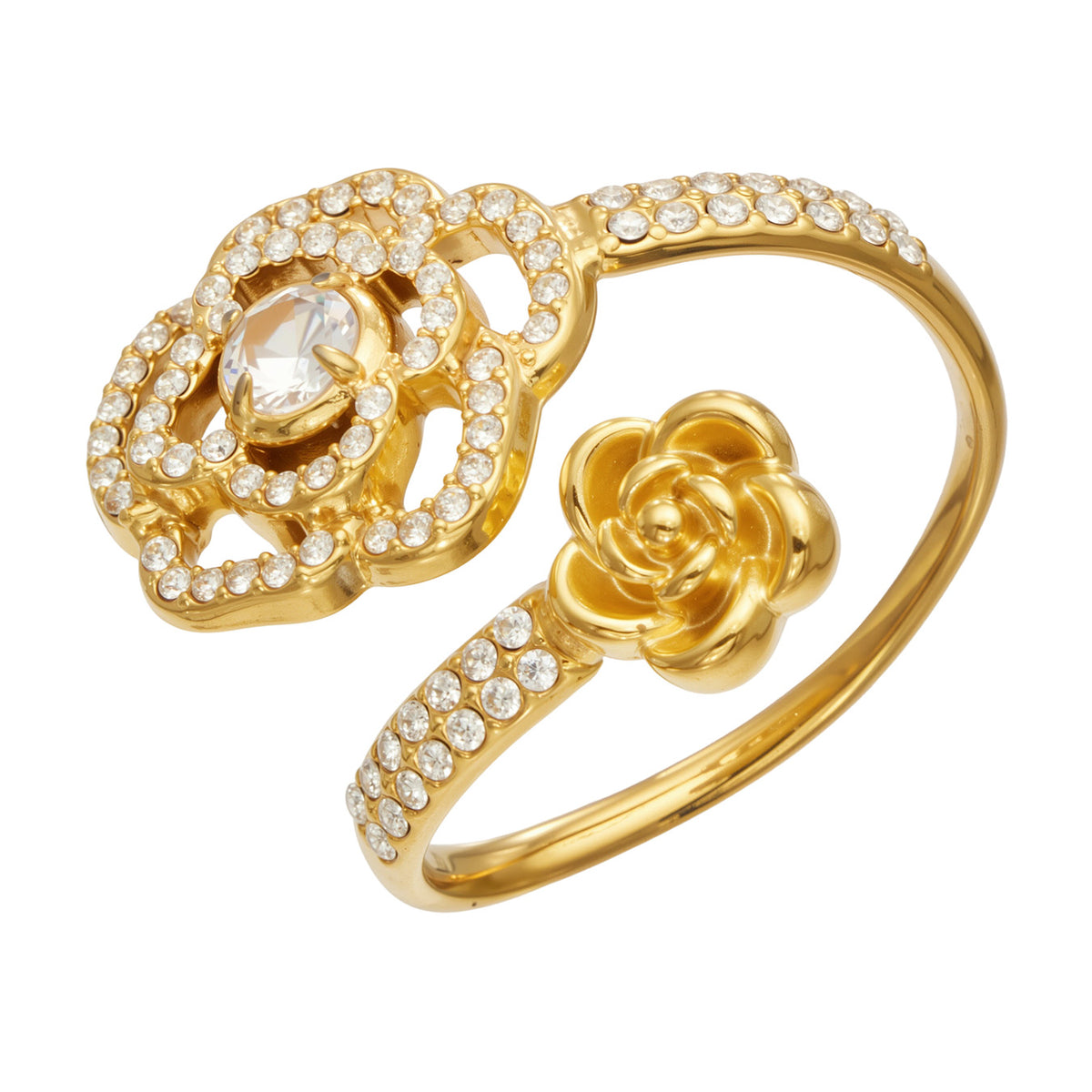 Gold-tone stainless steel flower open ring with sparkling clear stones, sculpted rose accent and curved band
