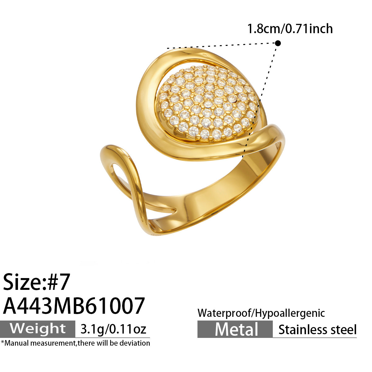 Size 7 gold pavé disc ring specification diagram showing the round centerpiece and open-band dimensions