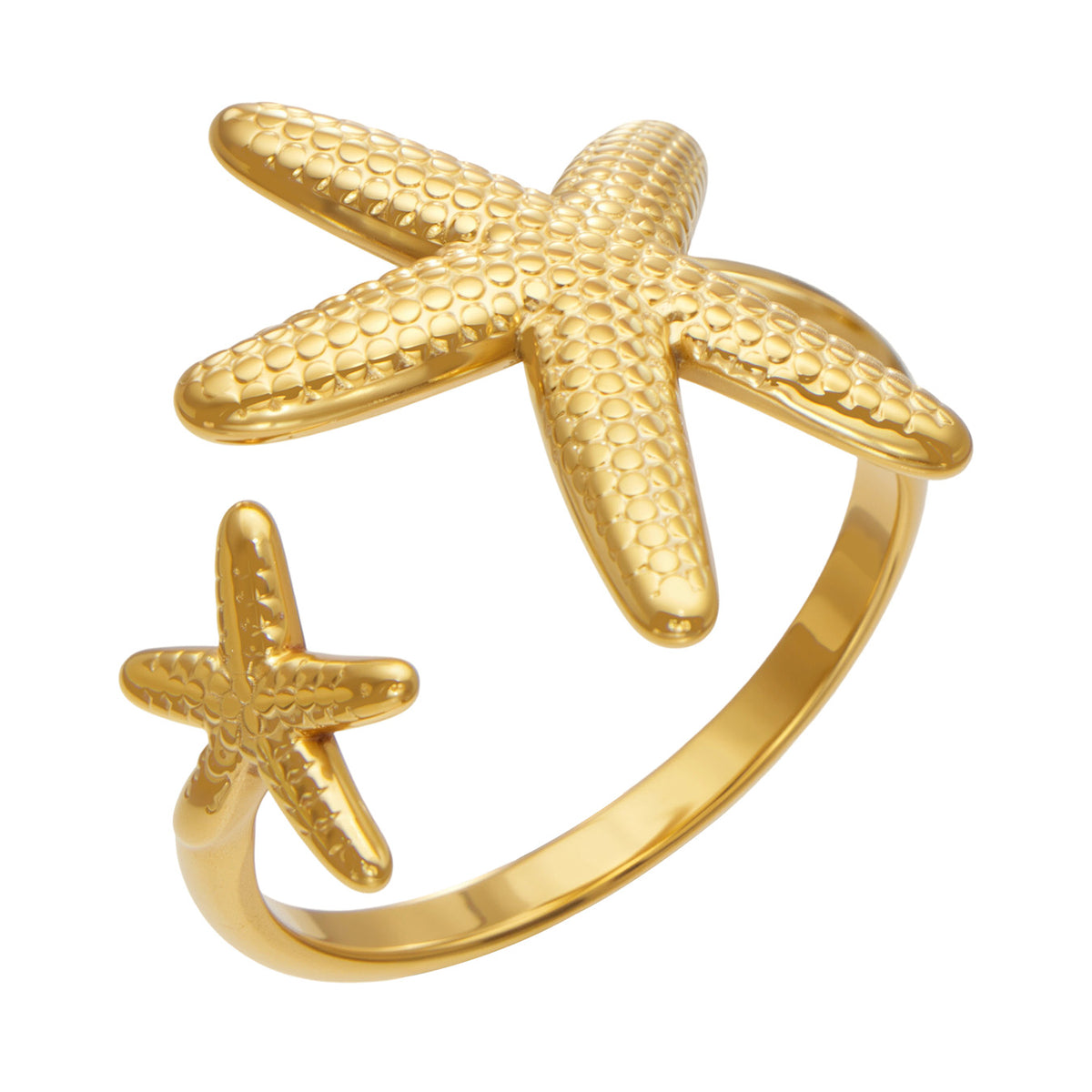 Gold-tone stainless steel starfish open ring featuring two textured sea star motifs and a curved band