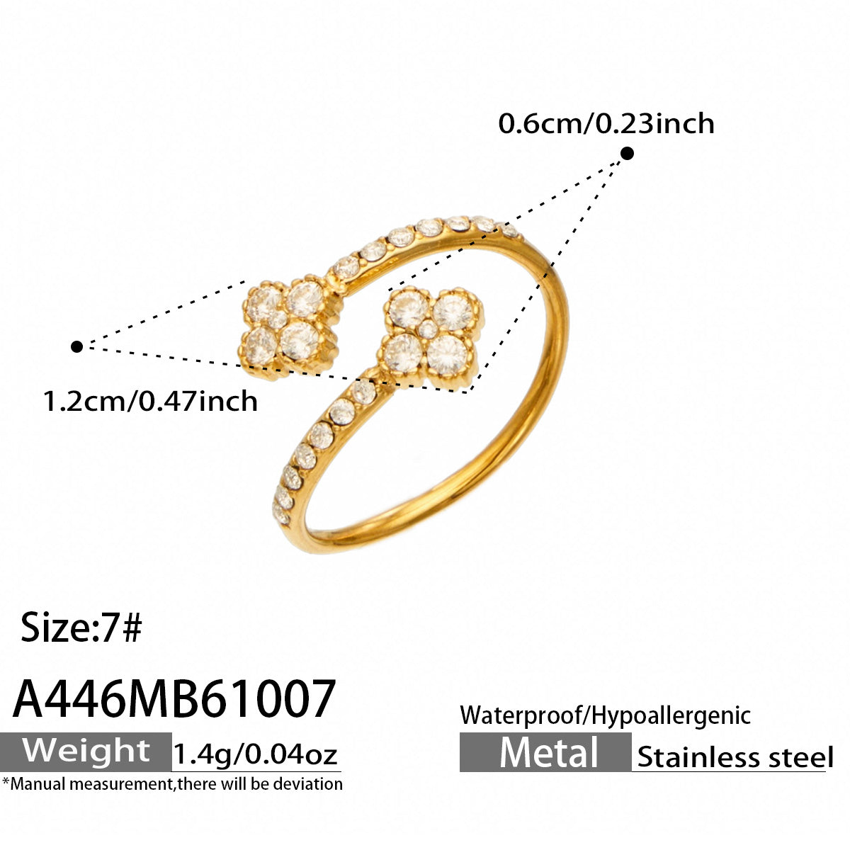 A446 gold-tone double-flower ring size guide showing 0.6 cm and 1.2 cm measurements, listed size 7 and approximate weight 1.4 g