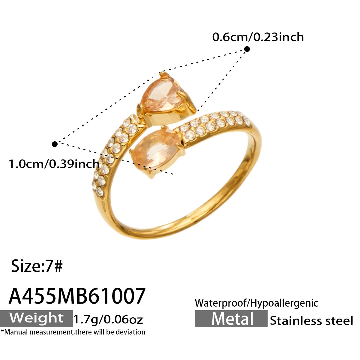 A455 gold-tone stainless steel ring size guide showing champagne-colored heart and oval stones, size 7 and accent measurements