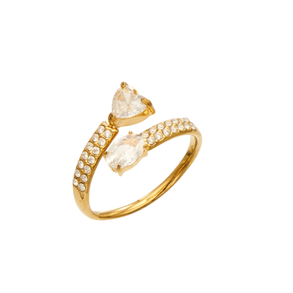 Gold-tone stainless steel open ring on a white background with clear heart and oval cubic zirconia stones and a stone-set band
