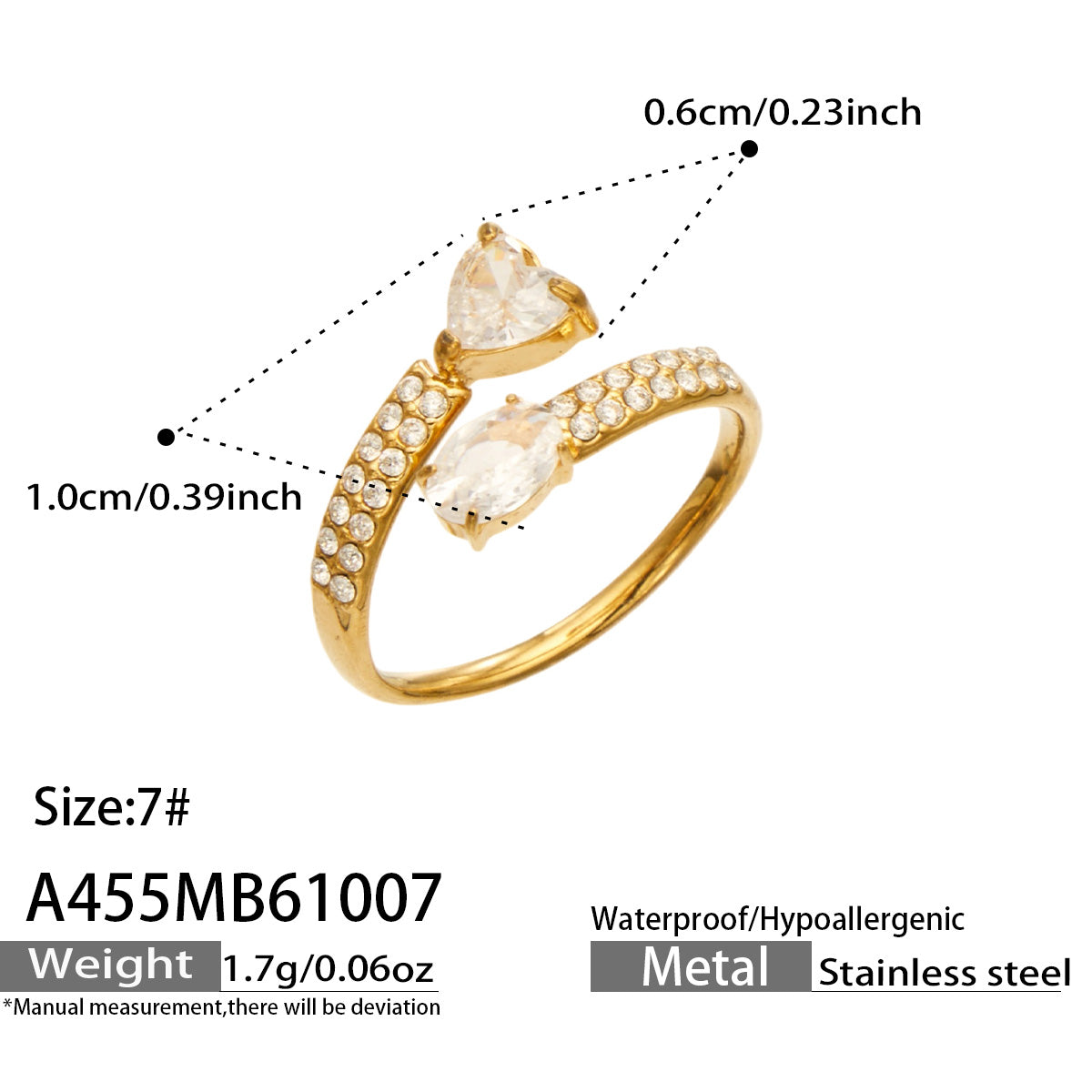 A455 gold-tone stainless steel heart and oval ring size guide showing clear stones, size 7 and accent measurements