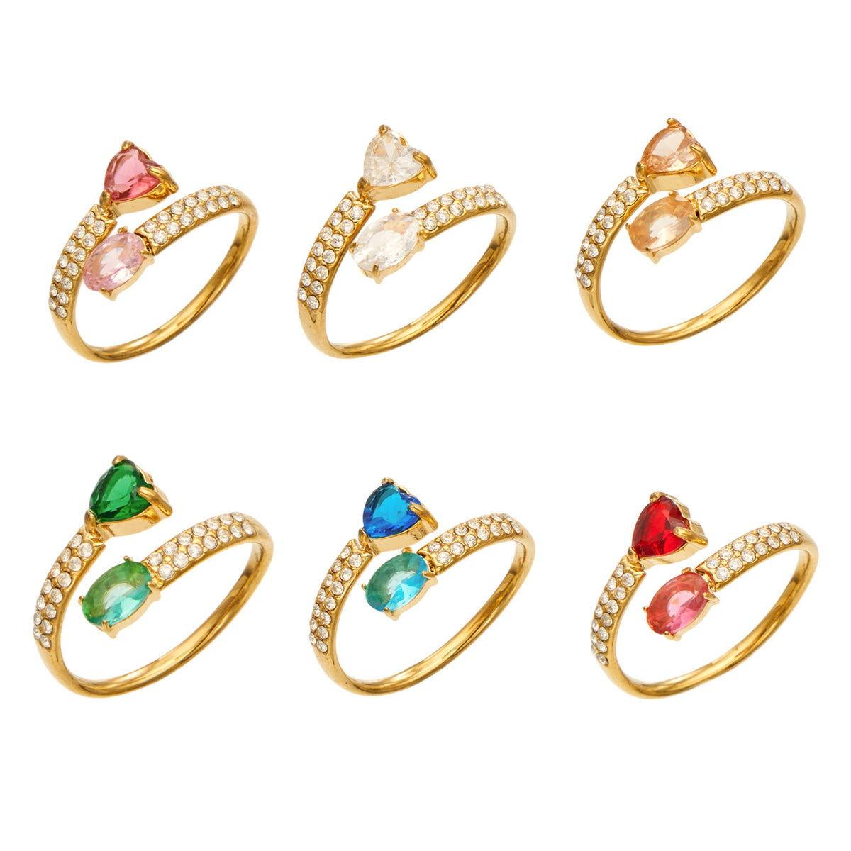 Gold-tone stainless steel heart and oval cubic zirconia rings in clear, pink, champagne, green, blue and red color options