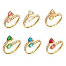 Gold-tone stainless steel heart and oval cubic zirconia rings in clear, pink, champagne, green, blue and red color options