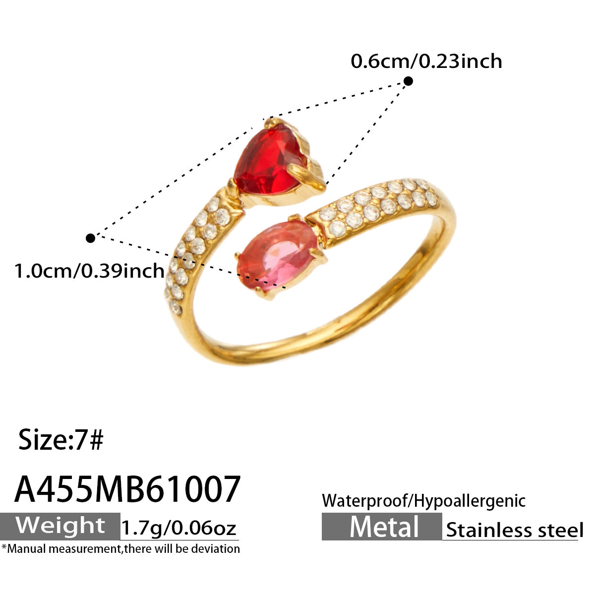 A455 gold-tone stainless steel ring size guide showing a red heart stone, pink-toned oval stone and size 7