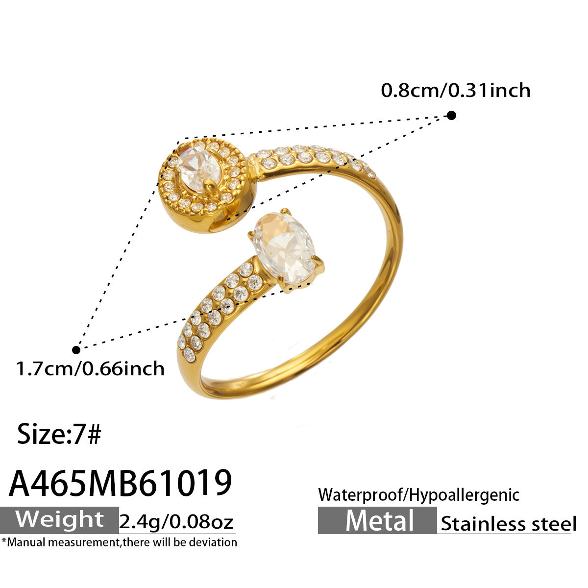 A465 gold-tone stainless steel double cubic zirconia adjustable open ring
