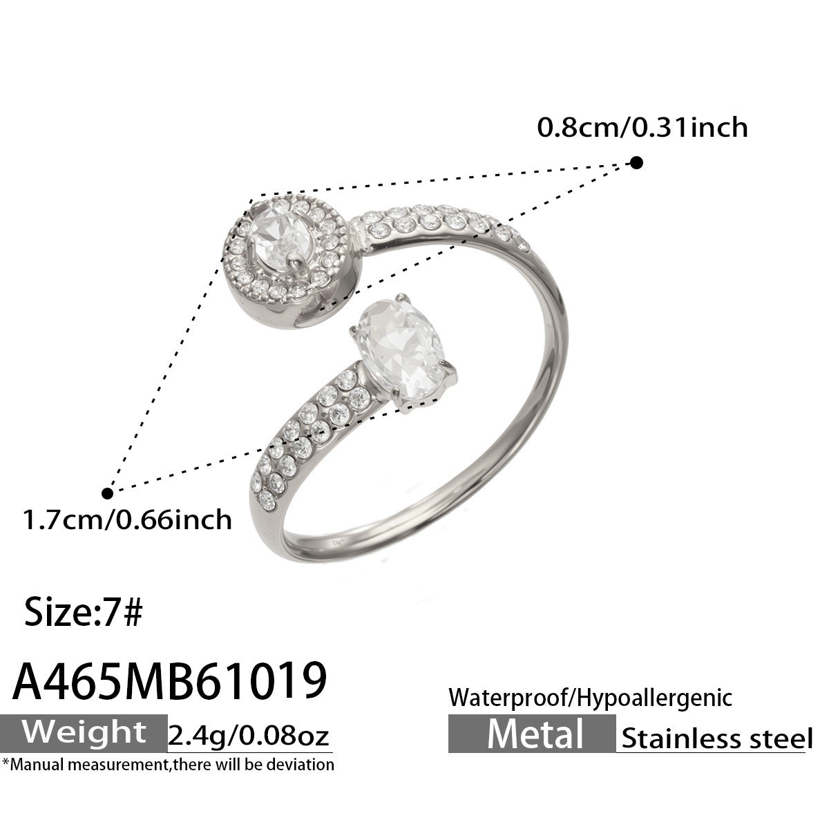 A465 steel-tone stainless steel double CZ adjustable open ring