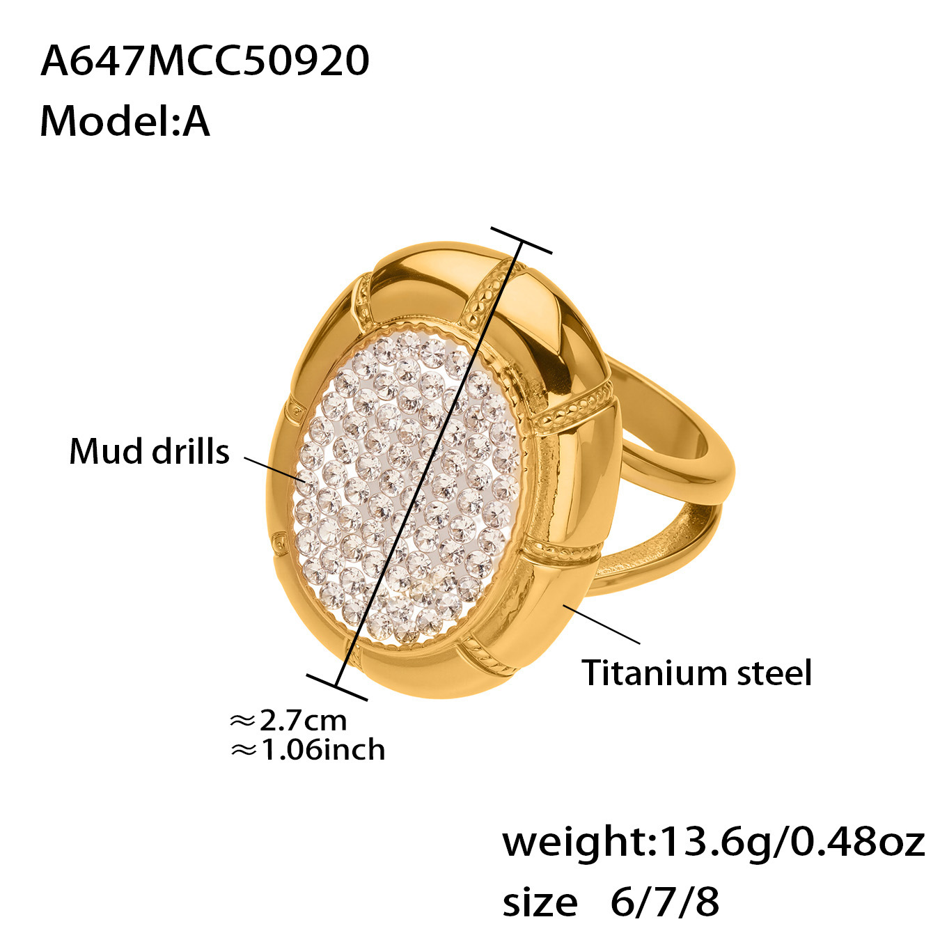 A647-A gold round pavé statement ring size and product detail guide