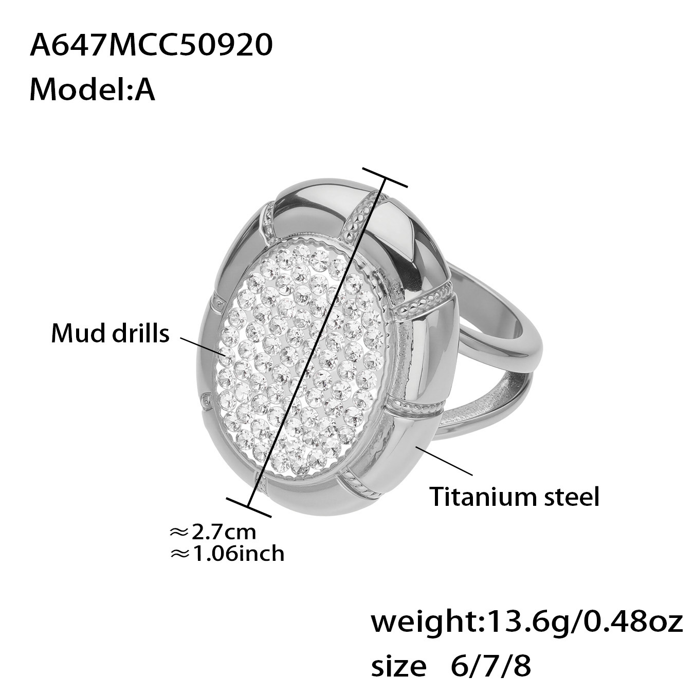 A647-A steel-tone round pavé statement ring size and product detail guide