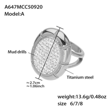 A647-A steel-tone round pavé statement ring size and product detail guide