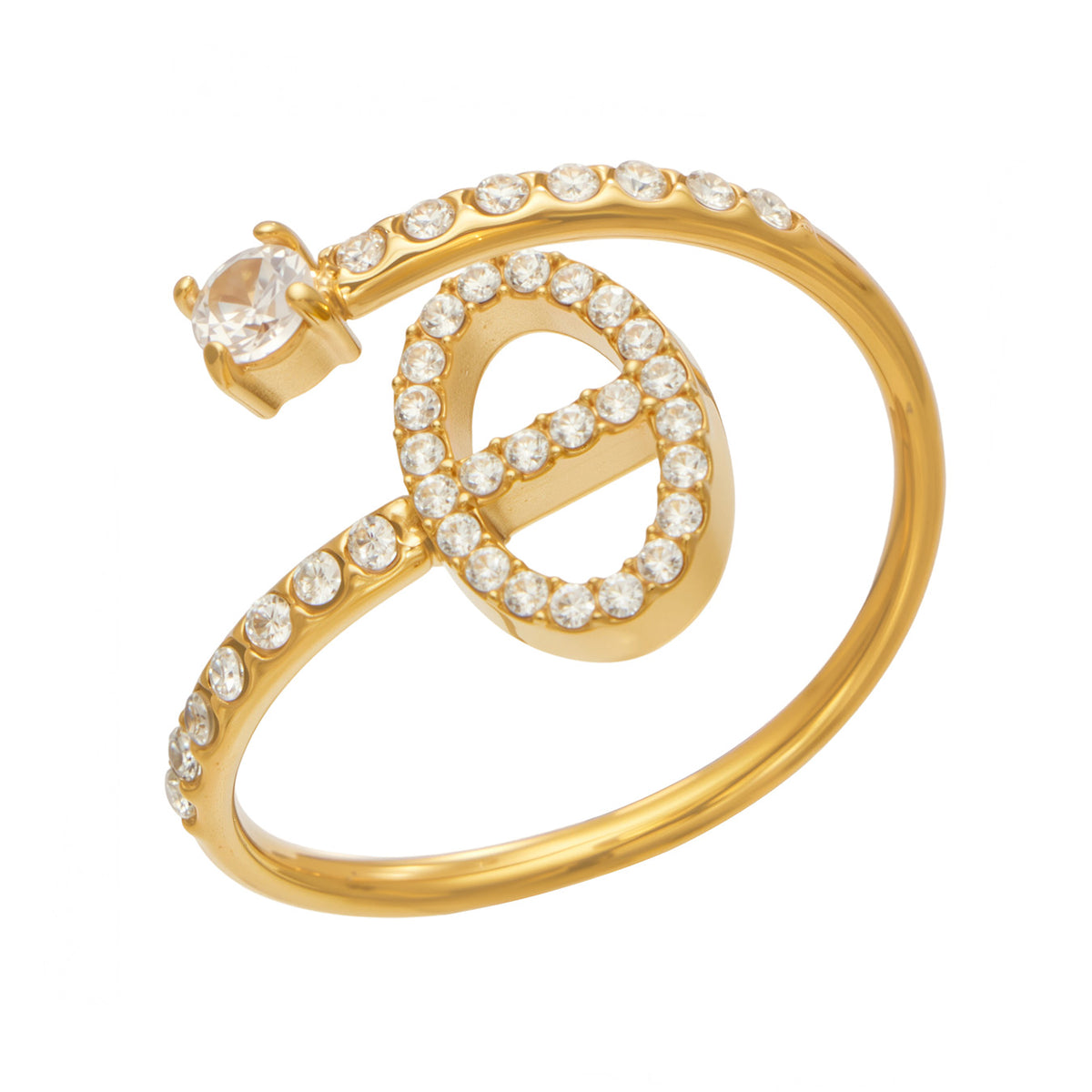 A671 gold-tone stainless steel vertical oval bar open ring on a white background, showing clear stone details
