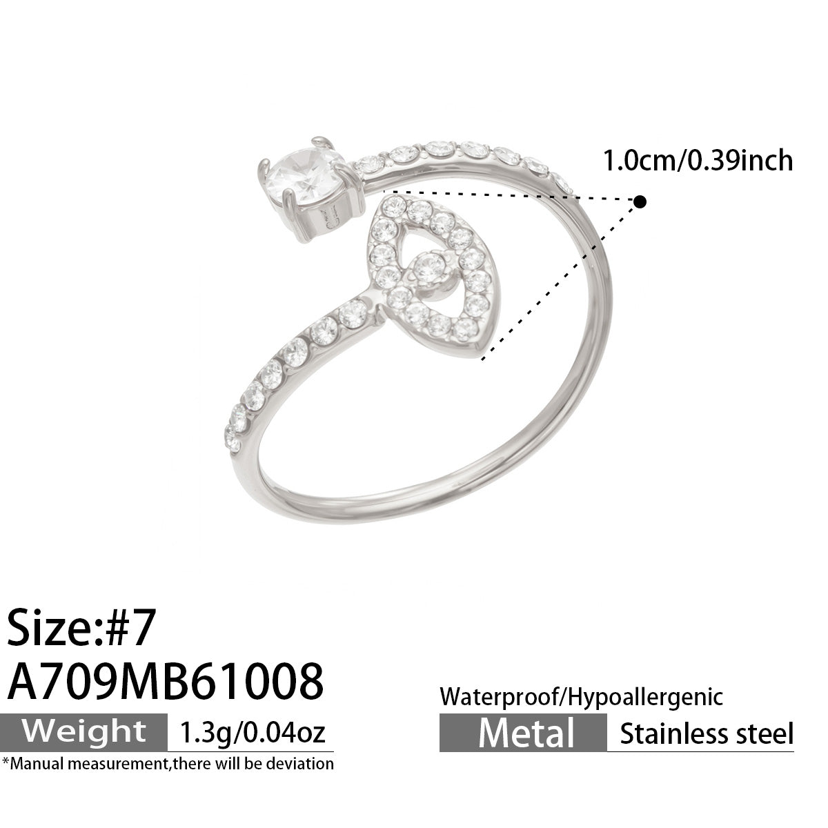 A709 steel-tone stainless steel eye open ring specification diagram showing size 7 and decorative measurements