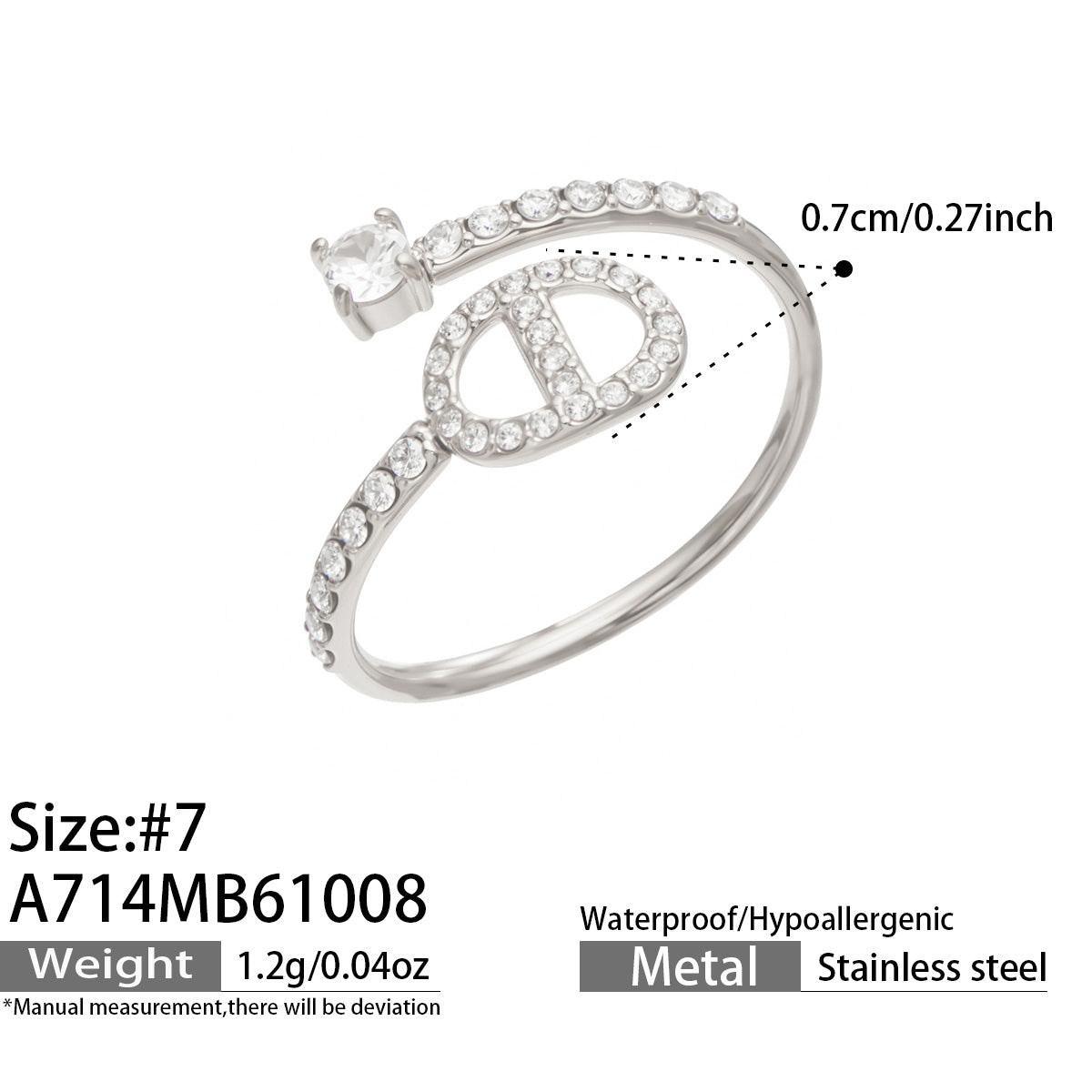 A714 steel-tone stainless steel horizontal oval bar open ring specification diagram showing size 7 and decorative measurements