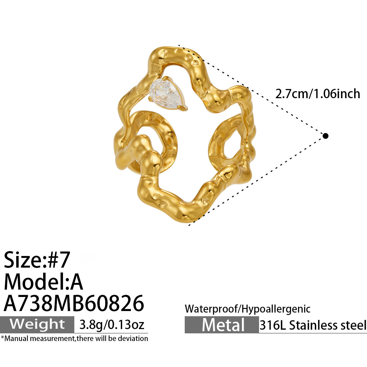 A738 gold 316L stainless steel irregular CZ open ring size and measurement details