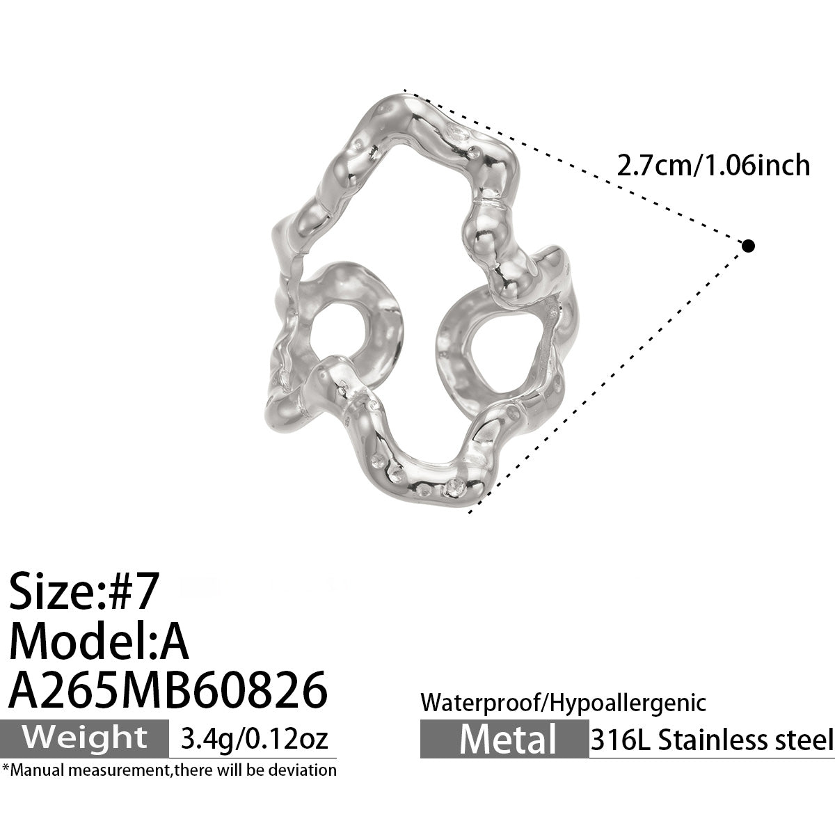 A738 gold 316L stainless steel sculptural CZ ring size and measurement details