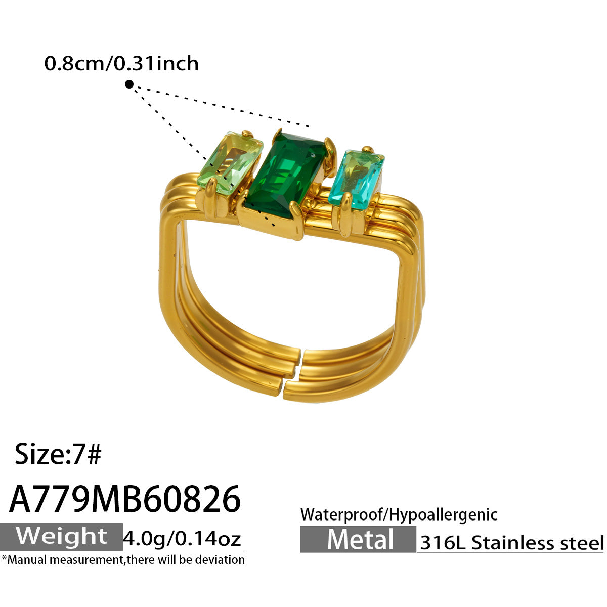 A779 green emerald-cut CZ multi-band ring size and measurement details