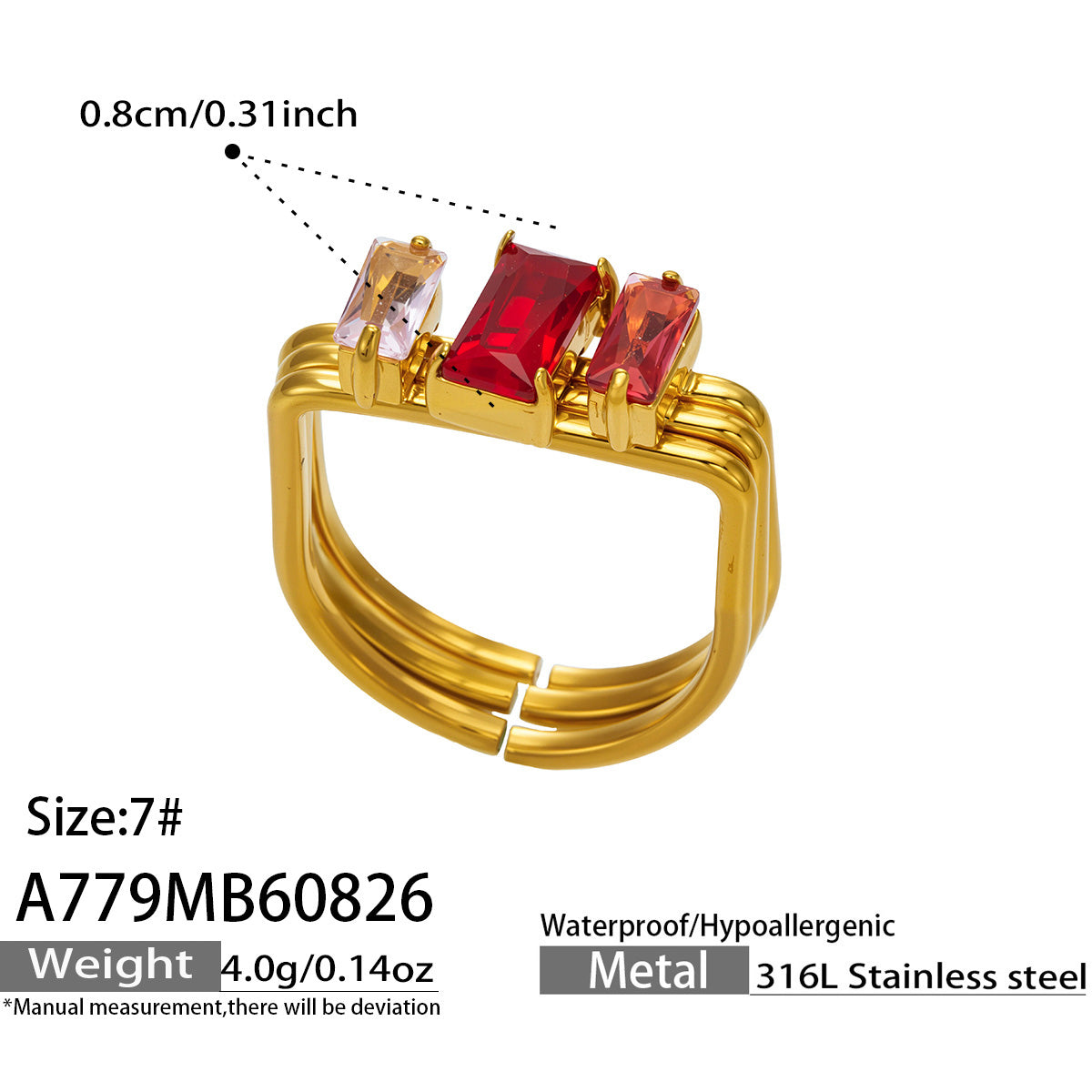 A779 red emerald-cut CZ multi-band ring size and measurement details