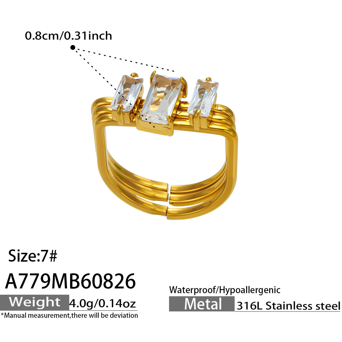 A779 white emerald-cut CZ multi-band ring size and measurement details