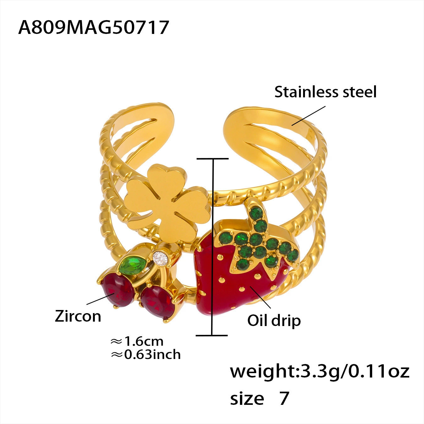 A809 gold-tone strawberry statement ring size and product detail guide with colorful enamel accents