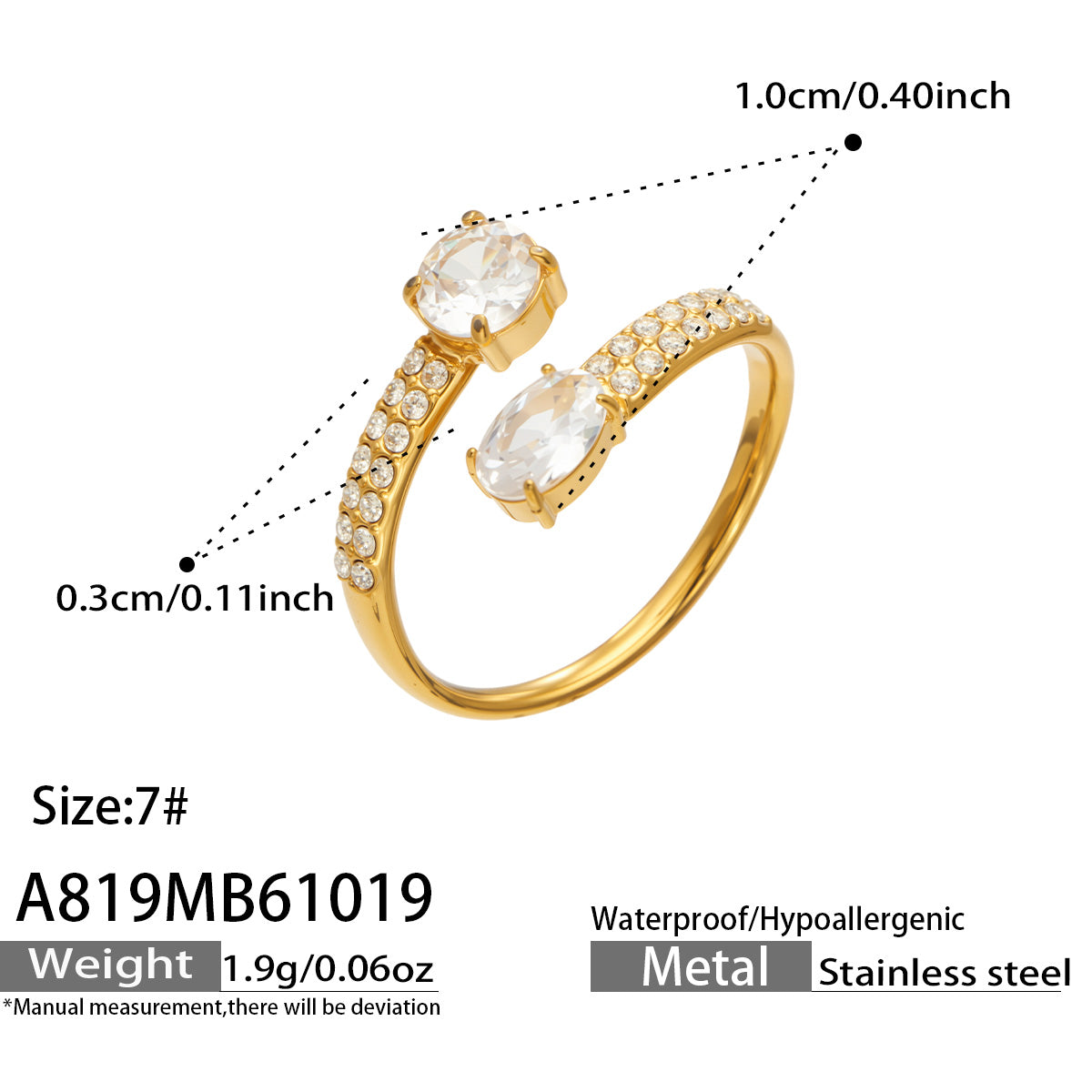 A819 gold-tone stainless steel adjustable open ring with cubic zirconia accents