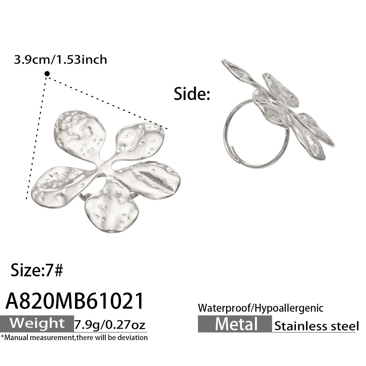 A820 steel-tone hammered flower ring with size and weight specifications