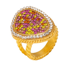 Gold-tone A907 teardrop statement ring with clustered pink, purple and yellow stones, a clear stone border and textured band.