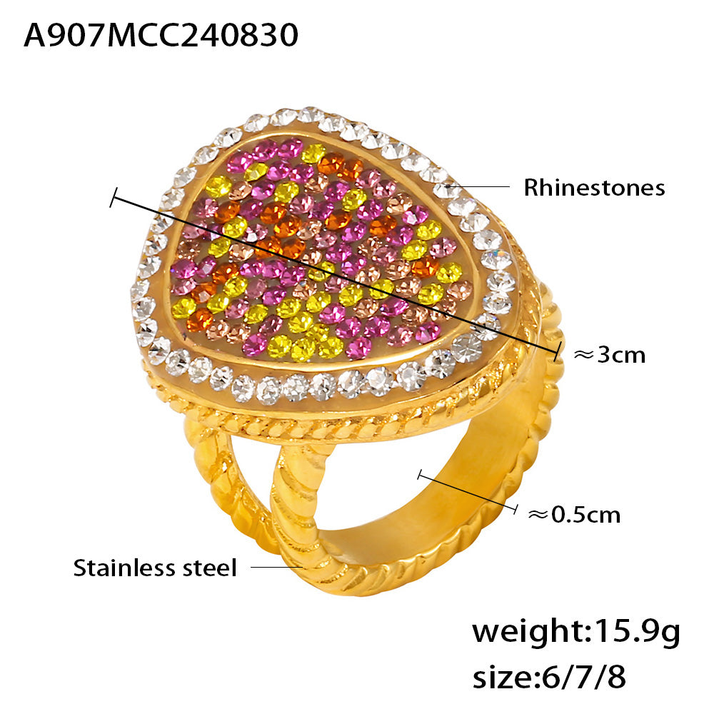 A907 gold-tone teardrop statement ring specification image showing the colorful stone face, ring profile and measurement annotations.