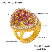 A907 gold-tone teardrop statement ring specification image showing the colorful stone face, ring profile and measurement annotations.