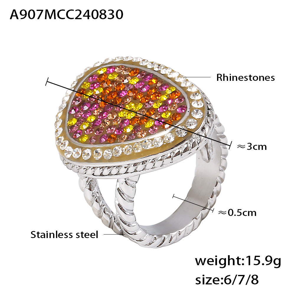 A907 steel-tone teardrop statement ring specification image showing the colorful stone face, textured band and measurement annotations.