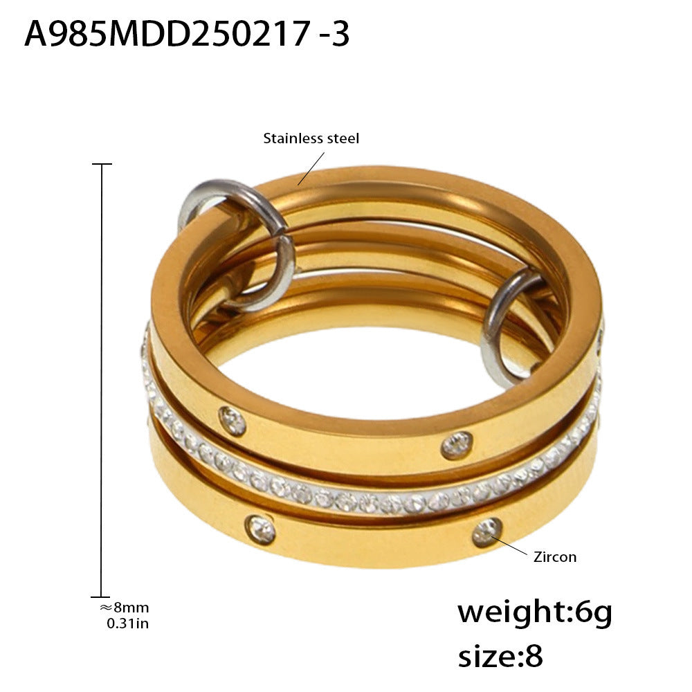 316L Stainless Steel 18K PVD Gold Multi-Layer CZ Band Ring