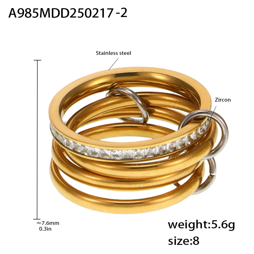 316L Stainless Steel 18K PVD Gold Multi-Layer CZ Band Ring