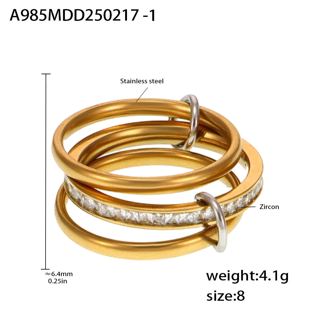 316L Stainless Steel 18K PVD Gold Multi-Layer CZ Band Ring