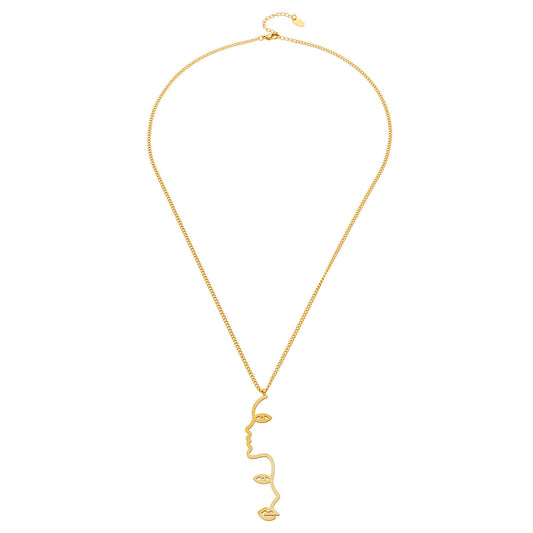MiduoduoJewelry gold abstract face lariat Y necklace on a clean neutral background
