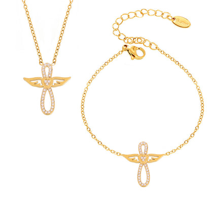 Gold stainless steel angel wing CZ necklace and bracelet set for layering, wholesale boutique jewelry.